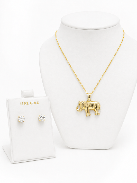 14K Elephan Pendant With Cuban Chain With Heart Earrings Cz Stones Yellow Gold FREE
