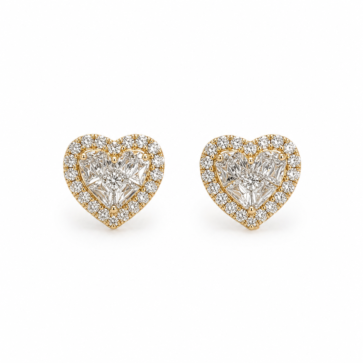 Two-tone Cuban, circular medal with cubic zirconia design and a pair of heart-shaped diamond earrings.