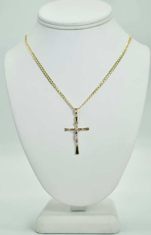 14K Cross Pendant Two Tones With Semi Solid Cuban Chain Yellow Gold