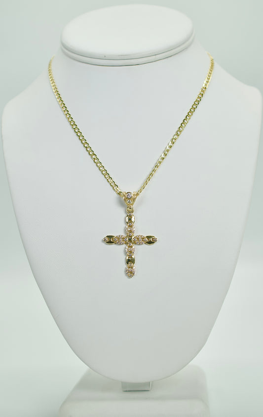 14K Cross Pendant Cz Stones With Semi Solid Cuban Chain Yellow Gold