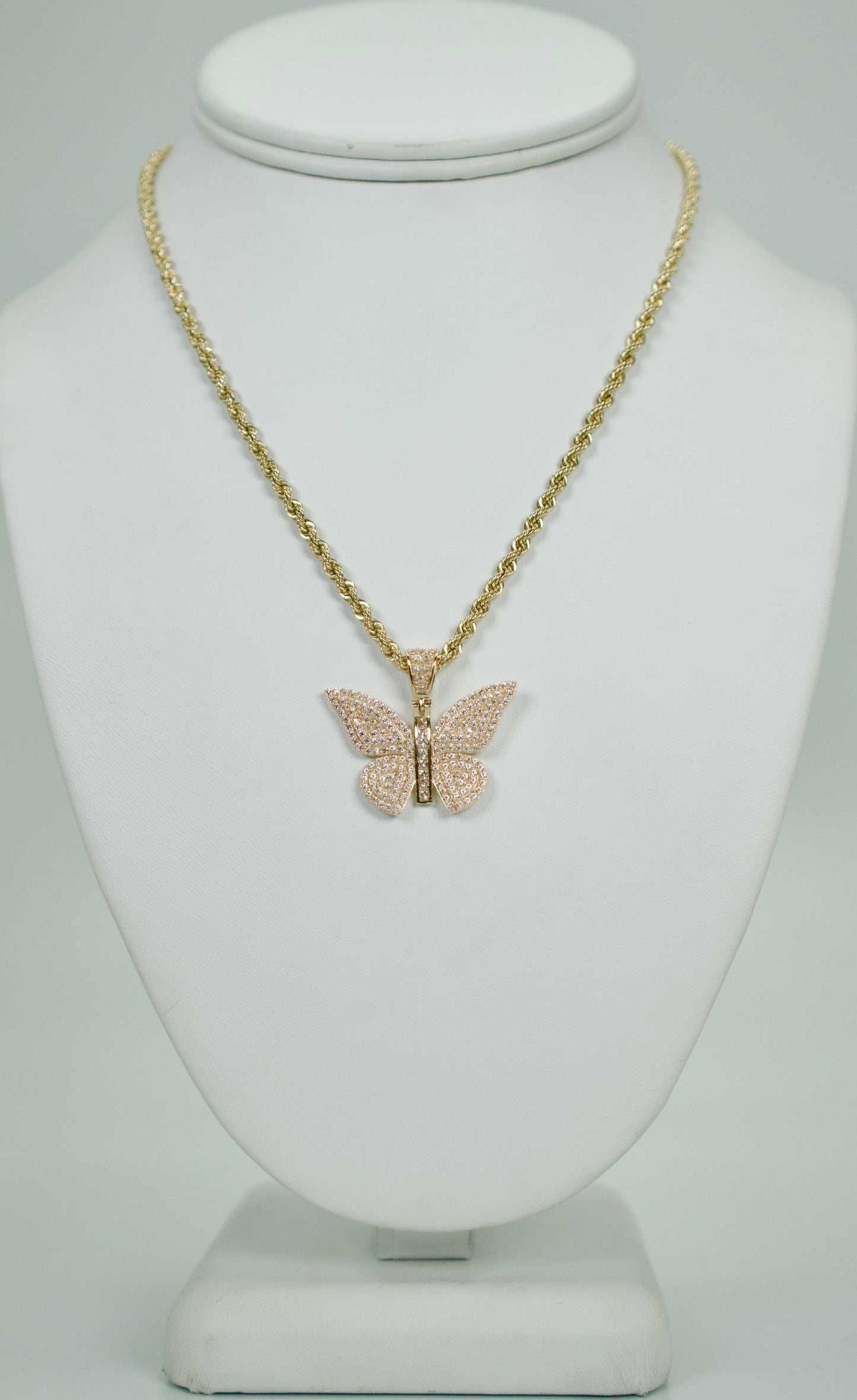 14K Butterfly Cz Pendant With Rope Chain Yellow Gold