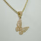 14K Butterfly Cz Stones Pendant With Ice Chain Yellow Gold