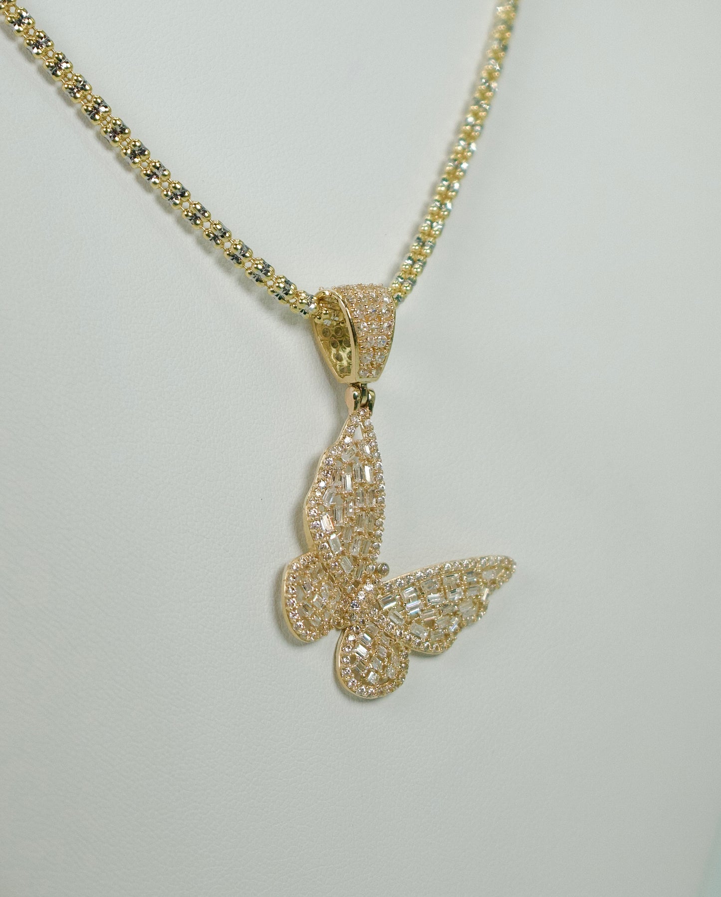 14K Butterfly Cz Stones Pendant With Ice Chain Yellow Gold