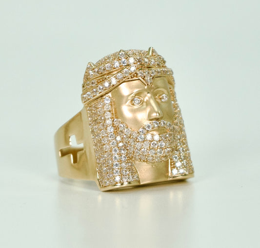 14K Jesus Face Cz Stones Men's Ring Yellow Gold
