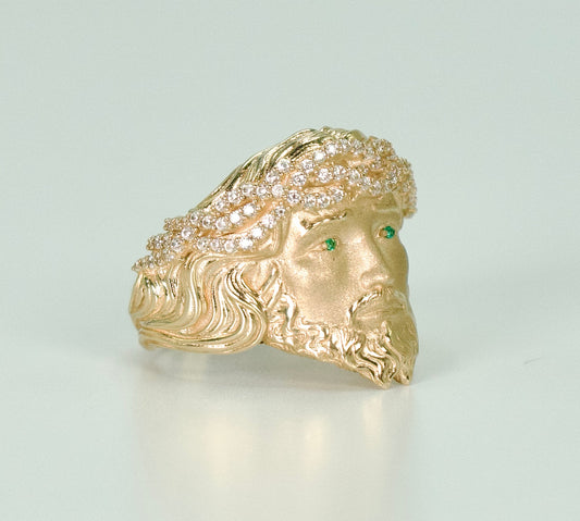14K Jesus Face Cz Men's Ring Yellow Gold