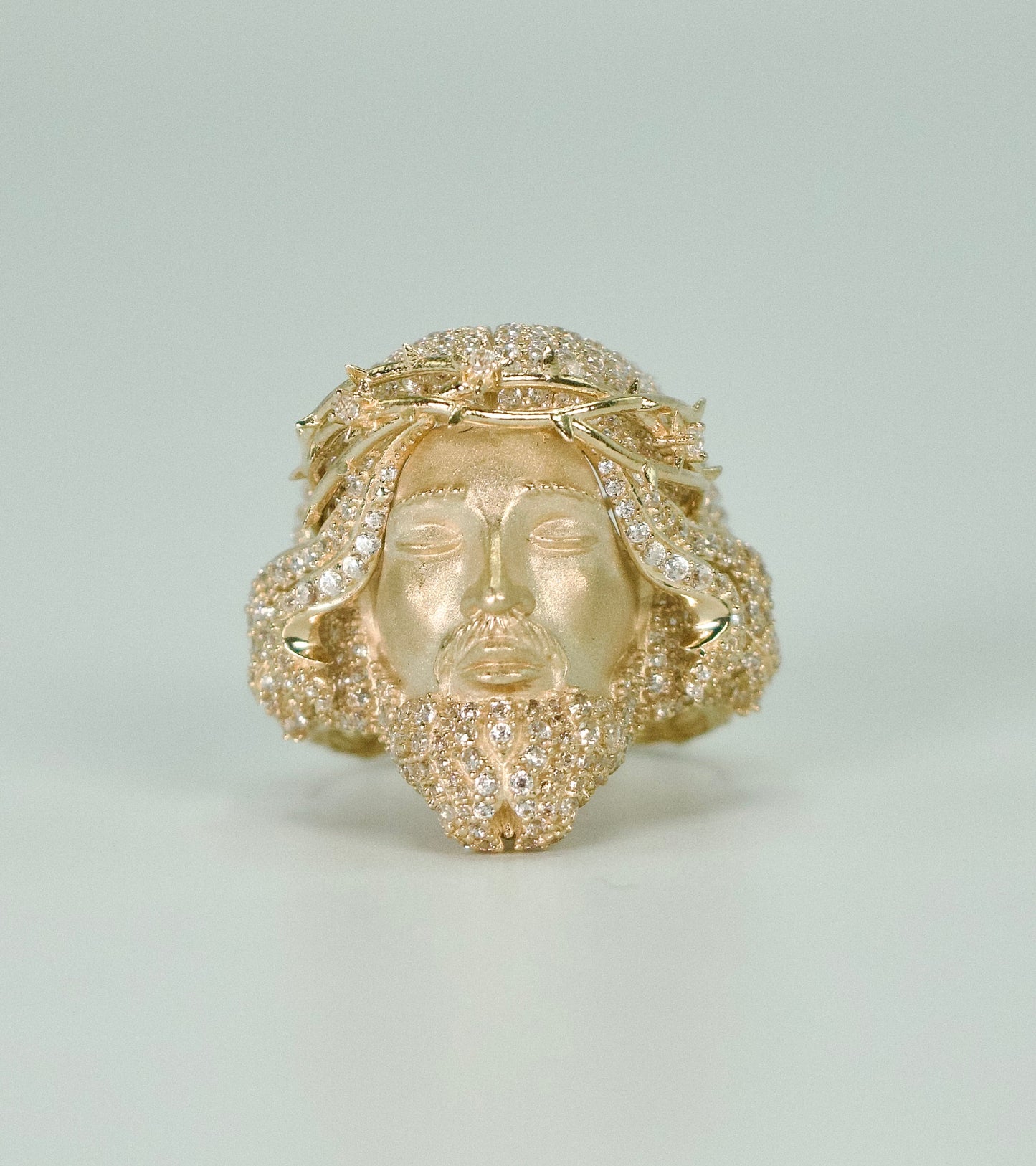 14K Jesus Face Cz Stones Ring Yellow Gold