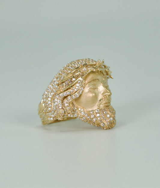 14K Jesus Face Cz Stones Ring Yellow Gold