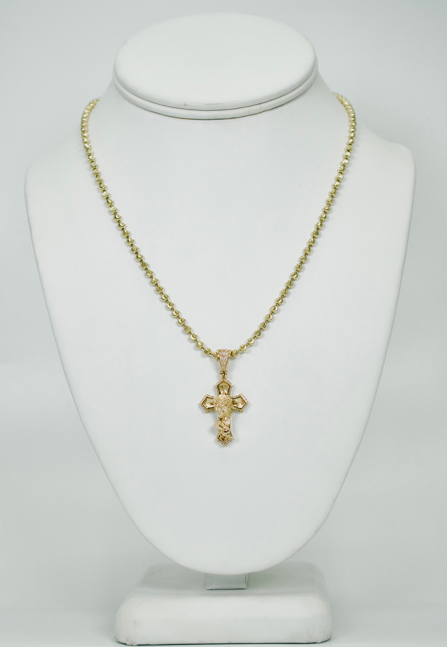 14K Cross Cz Pendant With Moon Cut Chain Yellow Gold