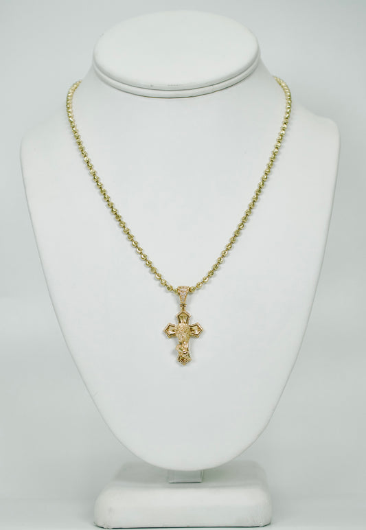 14K Cross Cz Pendant With Moon Cut Chain Yellow Gold