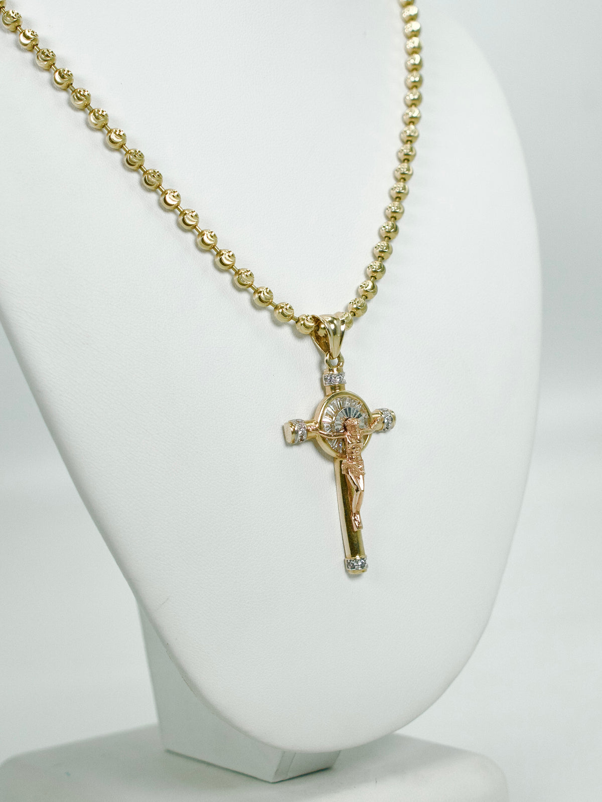 Yellow Jesus Chain 14K Jesus Christ Cross Pendant Three Tones With Moon Cut Chain Yellow ...