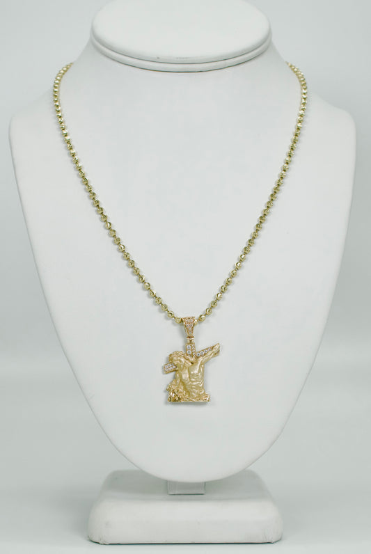 14K Jesus Christ Cz Pendant With Moon Cut Chain Yellow Gold