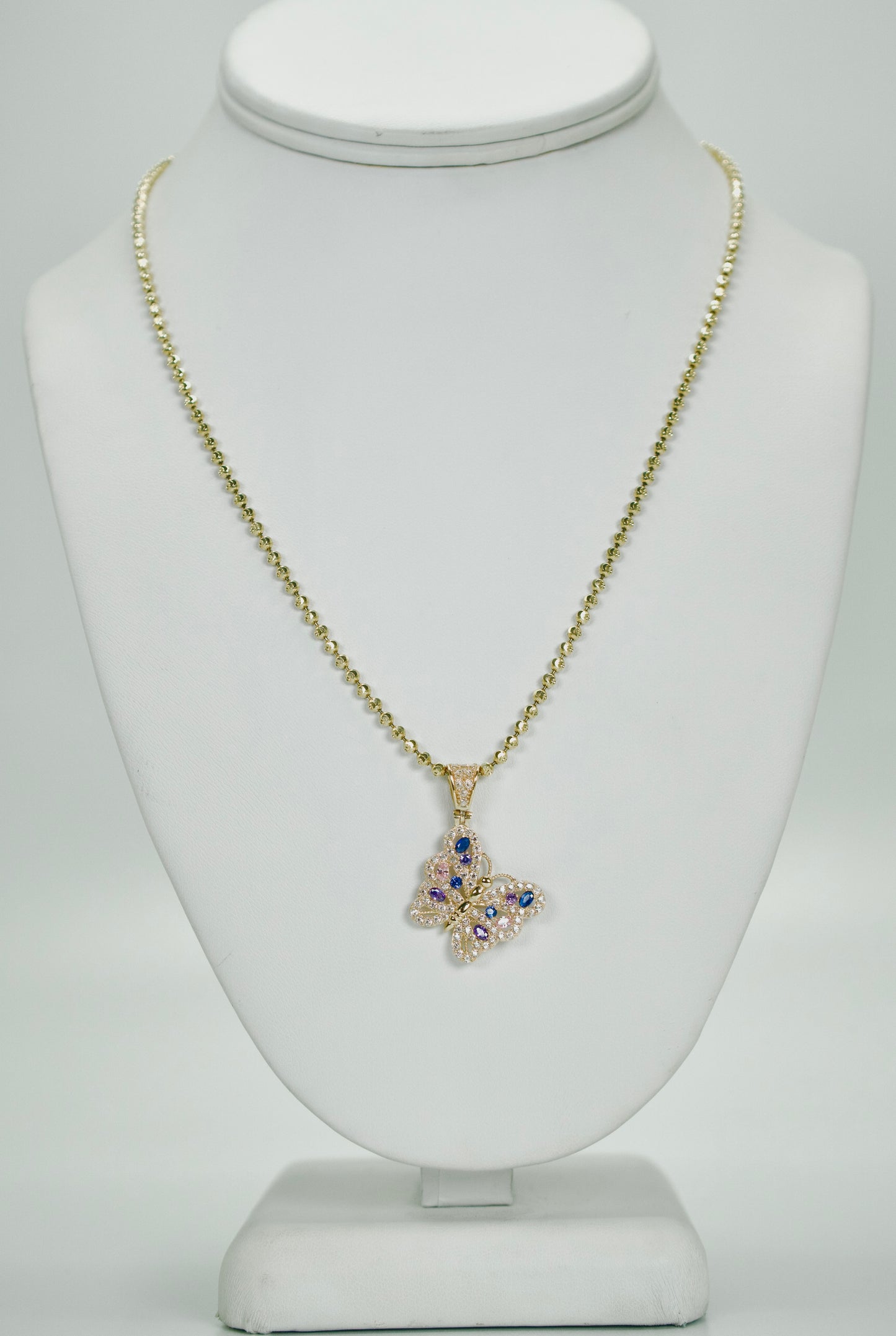 14K Butterfly Cz Stones Pendant With Moon Cut Chain Yellow Gold