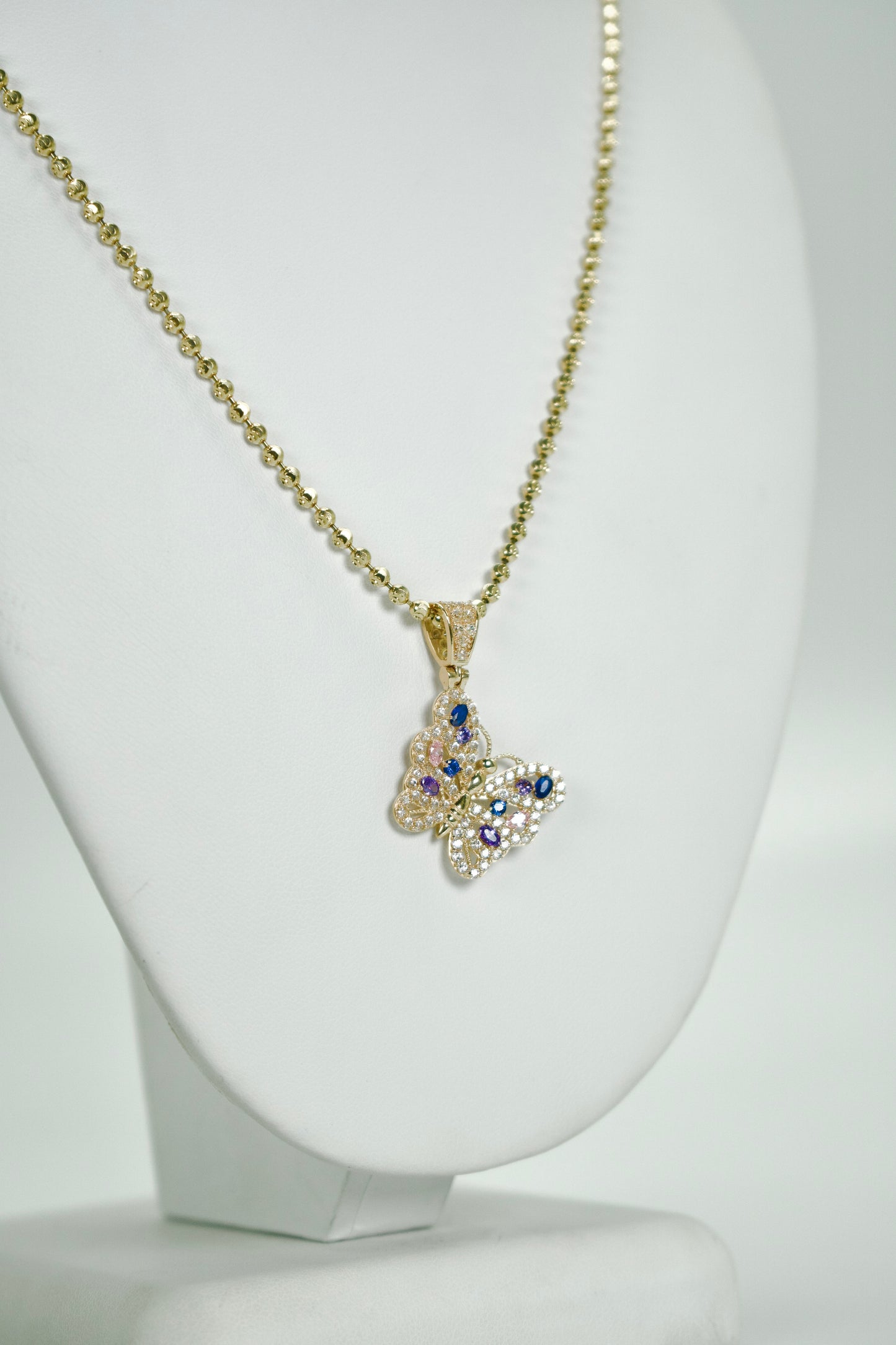 14K Butterfly Cz Stones Pendant With Moon Cut Chain Yellow Gold