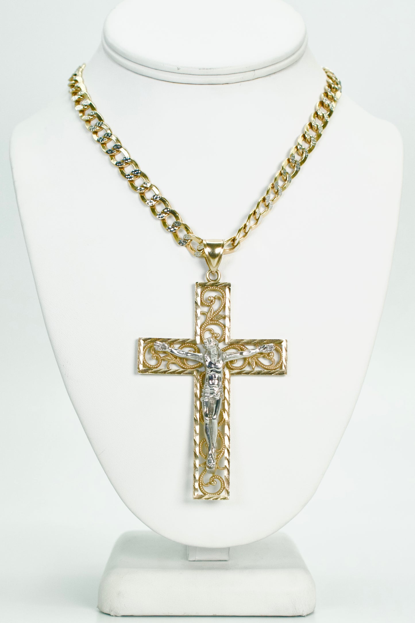 14K Jesus Christ Cross Pendant Two Tones With Cuban Chain Two Tones Yellow And White Gold