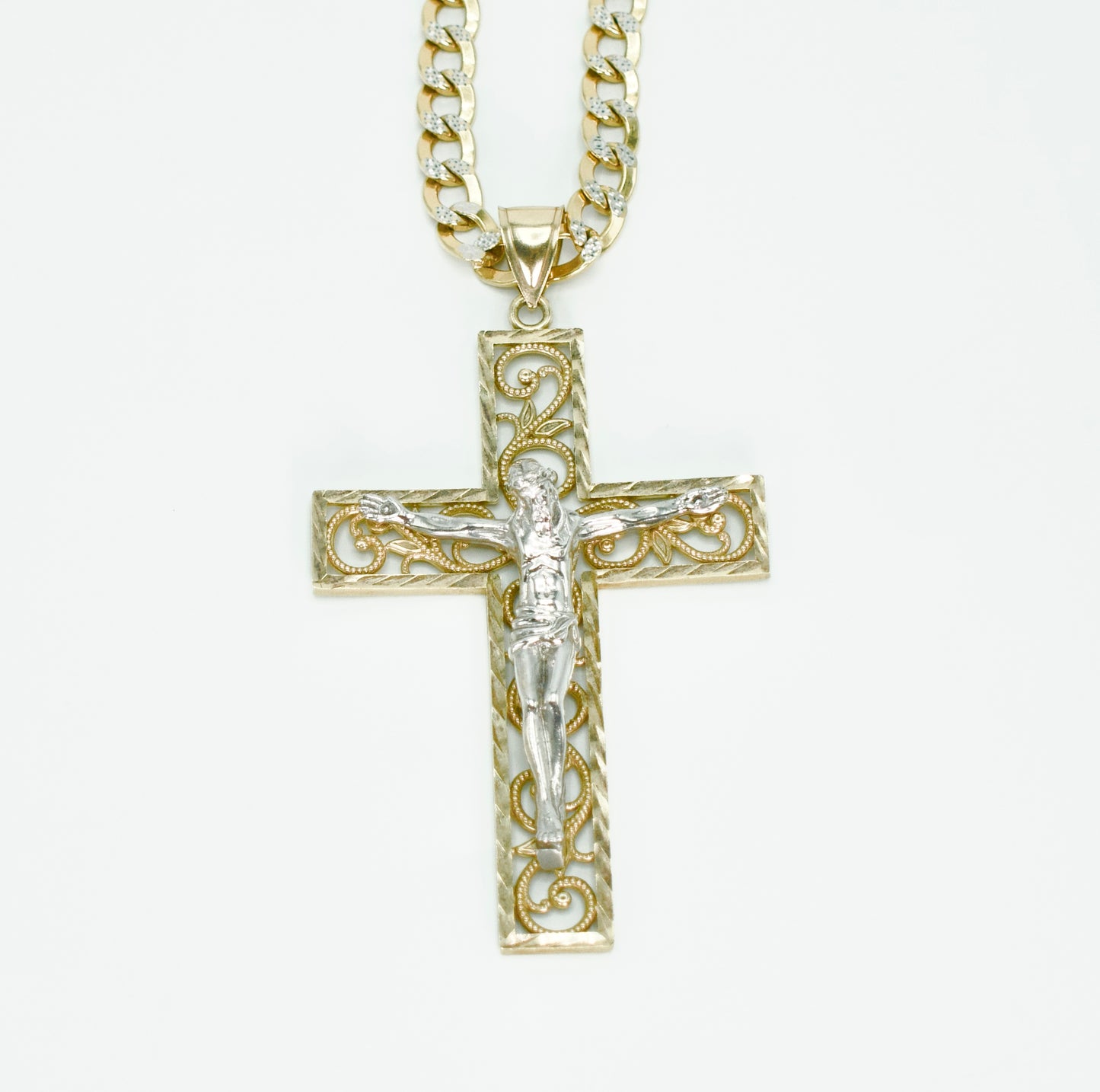 14K Jesus Christ Cross Pendant Two Tones With Cuban Chain Two Tones Yellow And White Gold