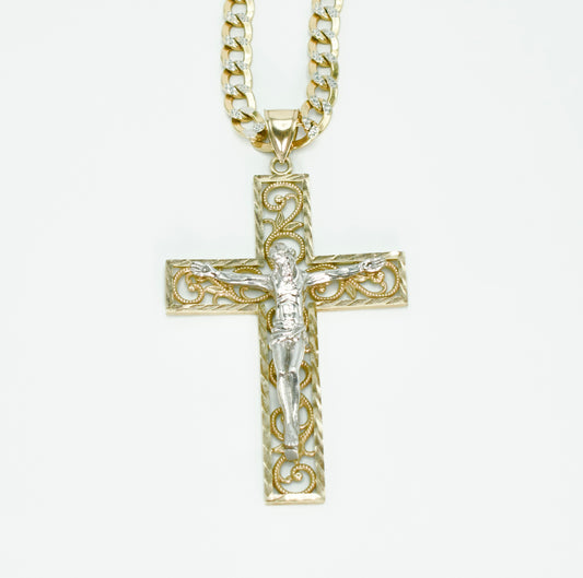 14K Jesus Christ Cross Pendant Two Tones With Cuban Chain Two Tones Yellow And White Gold