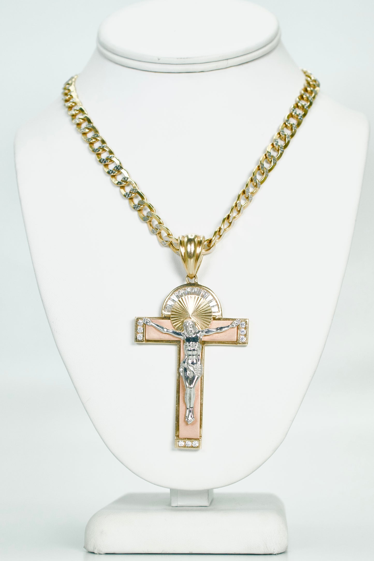 14K Jesus Christ Cross Pendant Three Tones With Cuban Chain Two tones