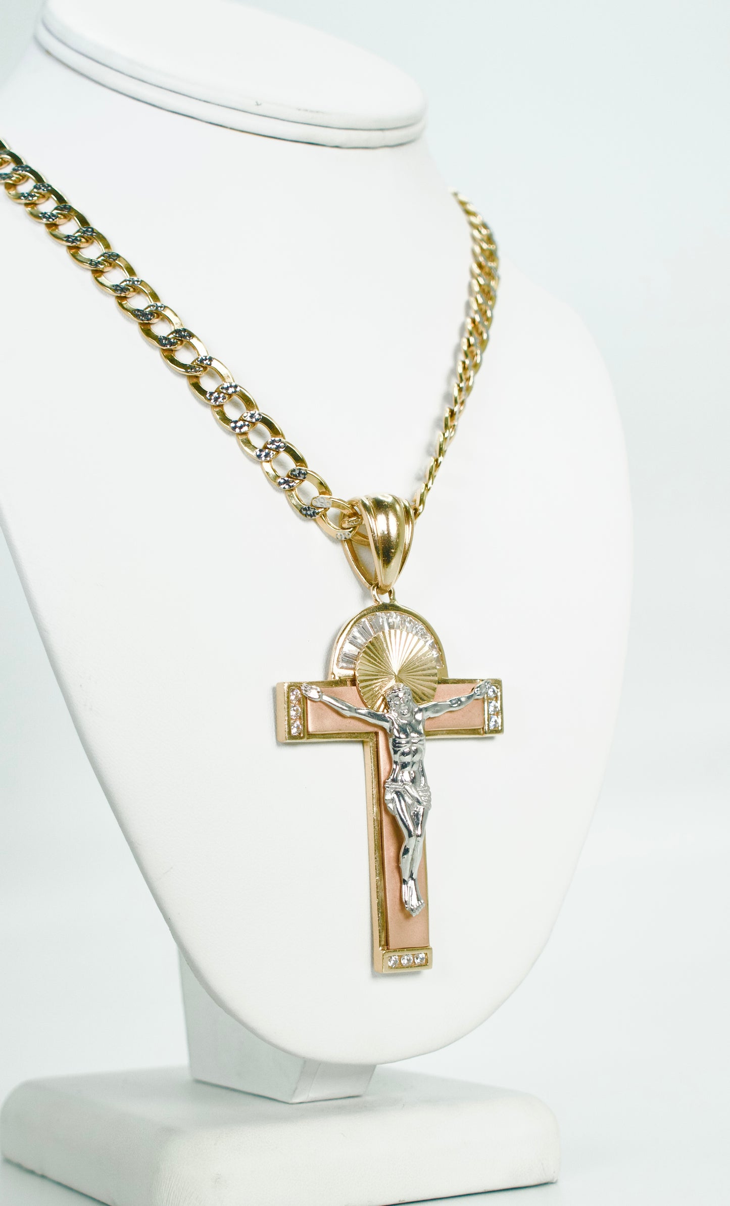14K Jesus Christ Cross Pendant Three Tones With Cuban Chain Two tones