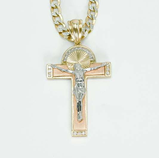 14K Jesus Christ Cross Pendant Three Tones With Cuban Chain Two tones