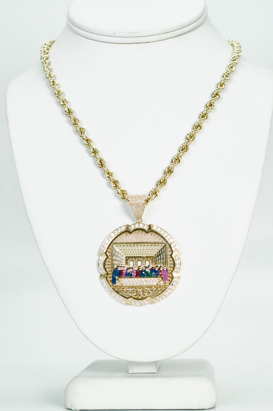 14K Last Suppper CZ Pendant With Rope Chain Yellow Gold