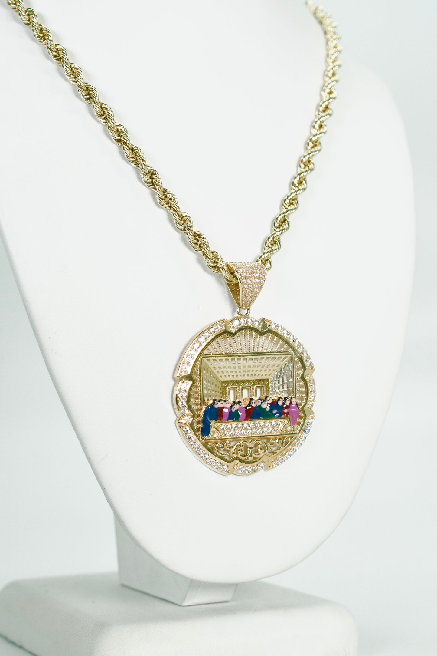 14K Last Suppper CZ Pendant With Rope Chain Yellow Gold
