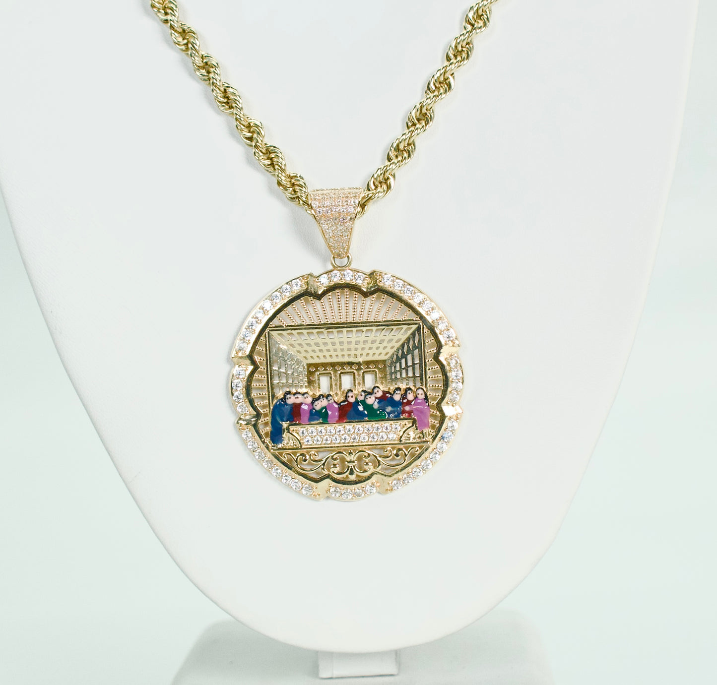 14K Last Suppper CZ Pendant With Rope Chain Yellow Gold