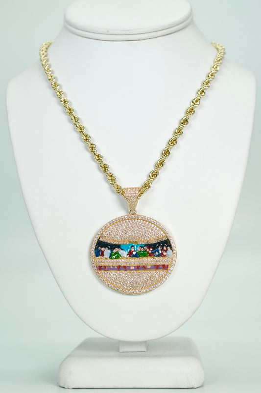 14K Last Supper Pendant Cz Stones With Rope Chain Yellow Gold