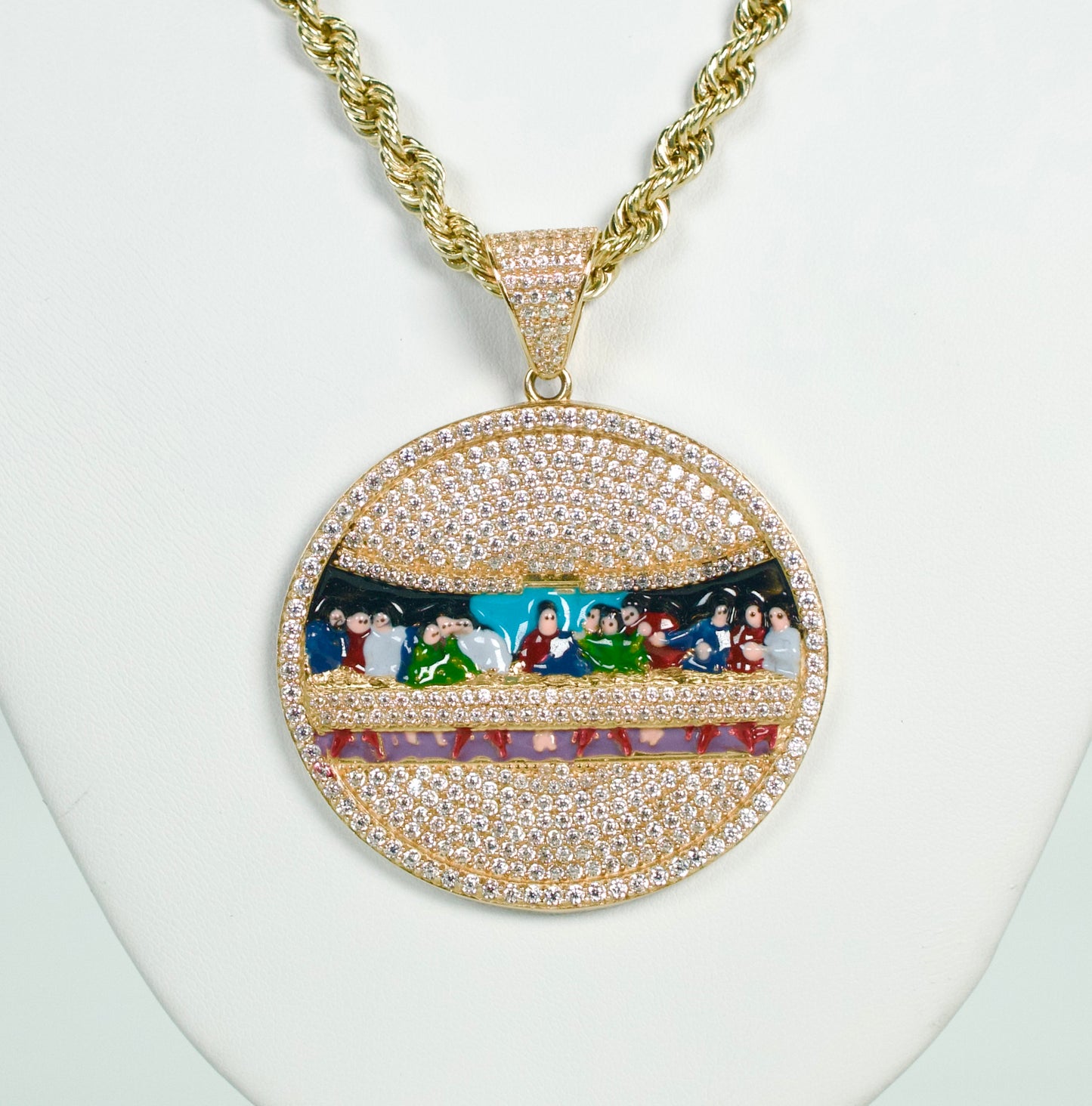 14K Last Supper Pendant Cz Stones With Rope Chain Yellow Gold