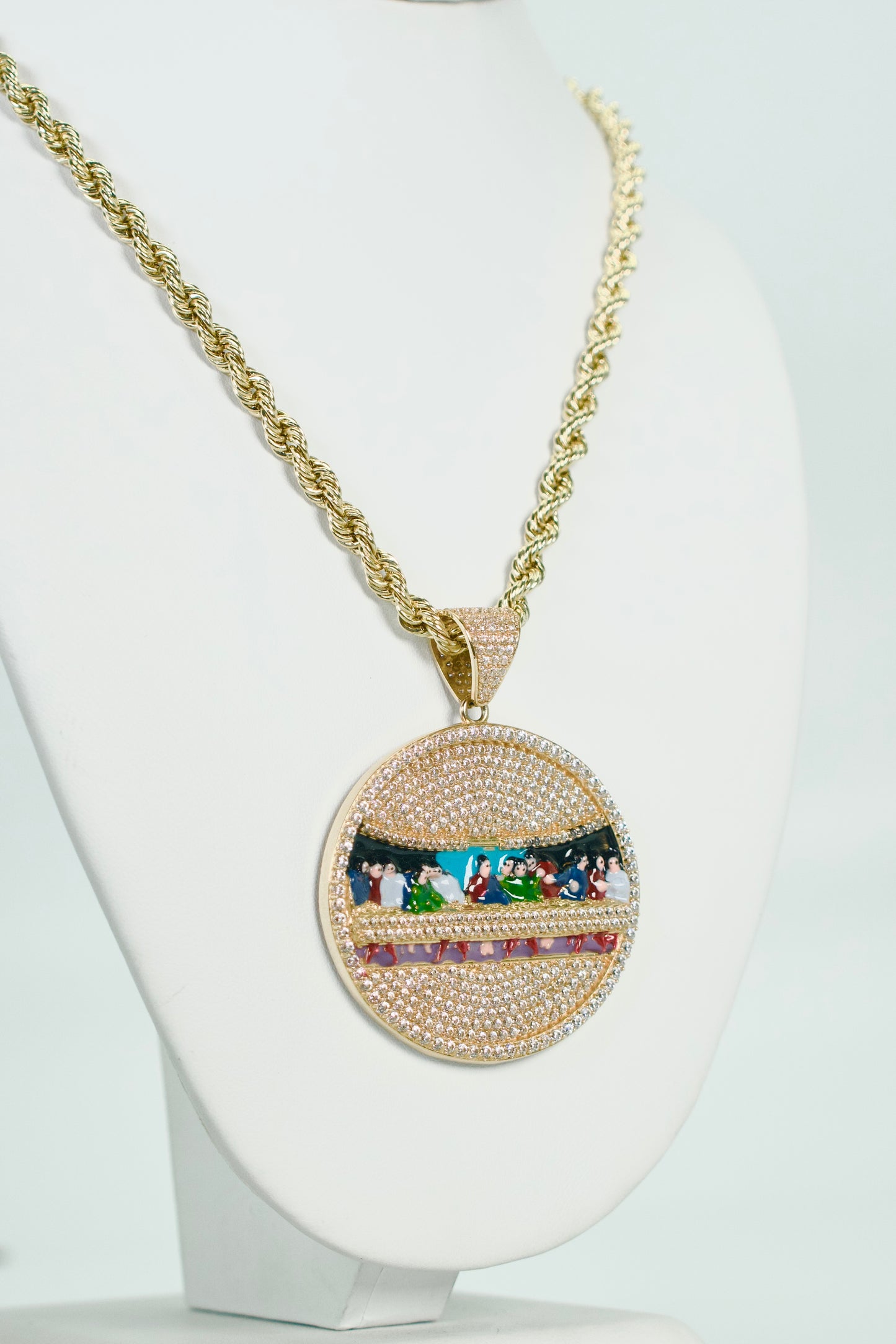 14K Last Supper Pendant Cz Stones With Rope Chain Yellow Gold