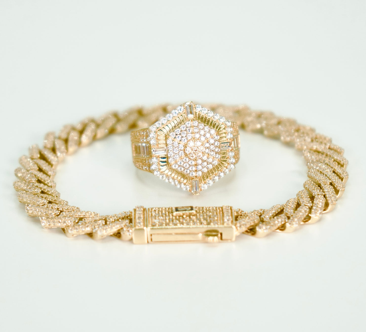 COMBO 14K MONACO BRACELET FULL CZ STONES + RING YELLOW GOLD