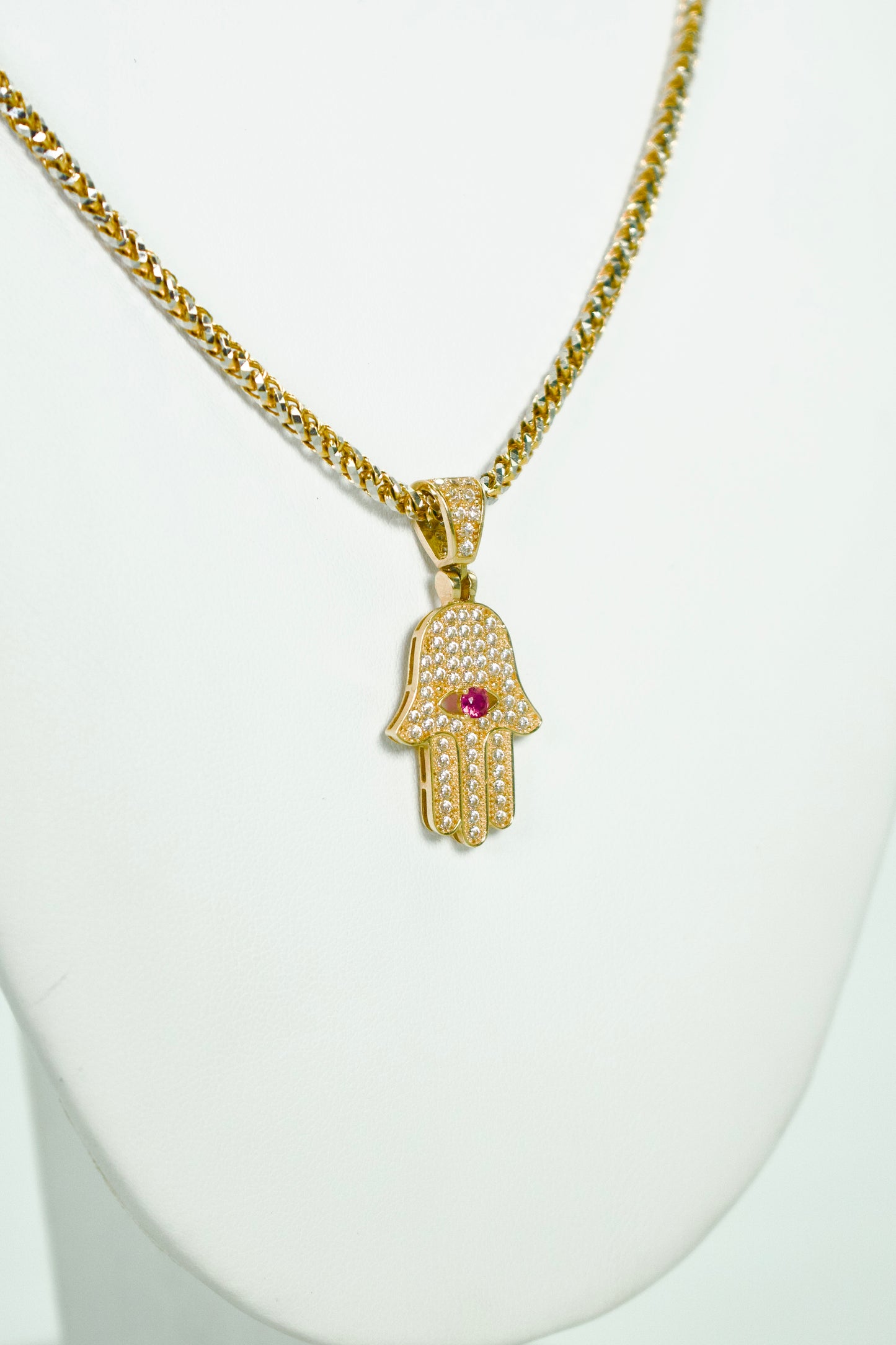 14K Hamsa Pendant Cz Stones With Franco Chain Two Tones