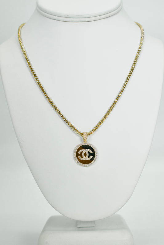 14K Round Pendant Cz Stones With Franco Chain Two Tones