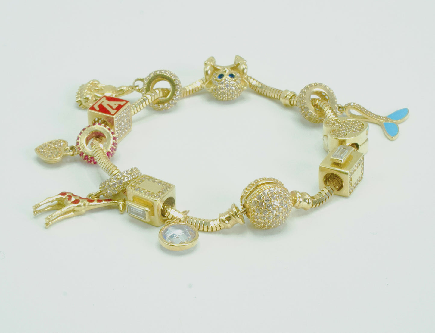 14K Bangle With Charms Cz Stones Yellow Gold