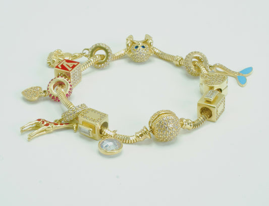 14K Bangle With Charms Cz Stones Yellow Gold