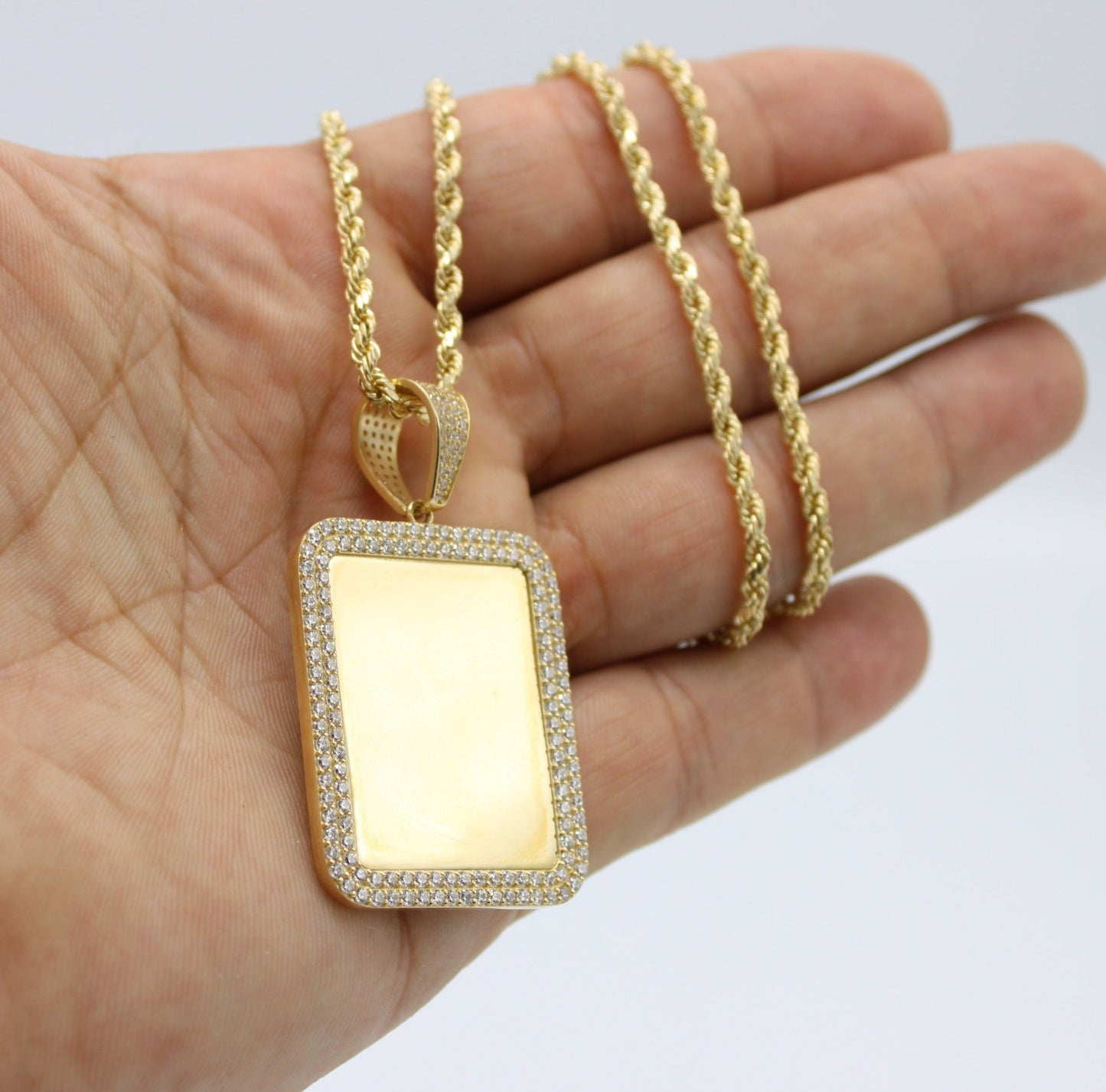 14K Picture Pendant Cz Stones with Rope Chain Yellow Gold