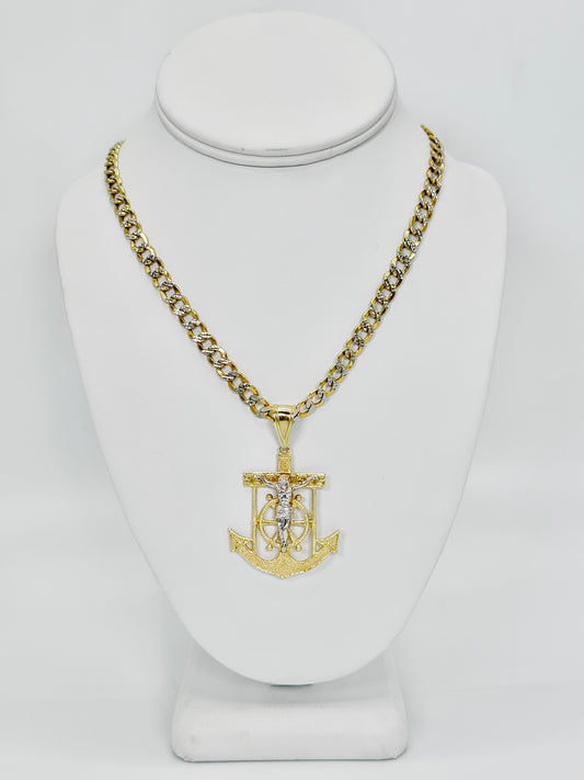 14K Anchor Pendant Two Tones With Semi-Solid Cuban Chain Two Tones Yellow Gold