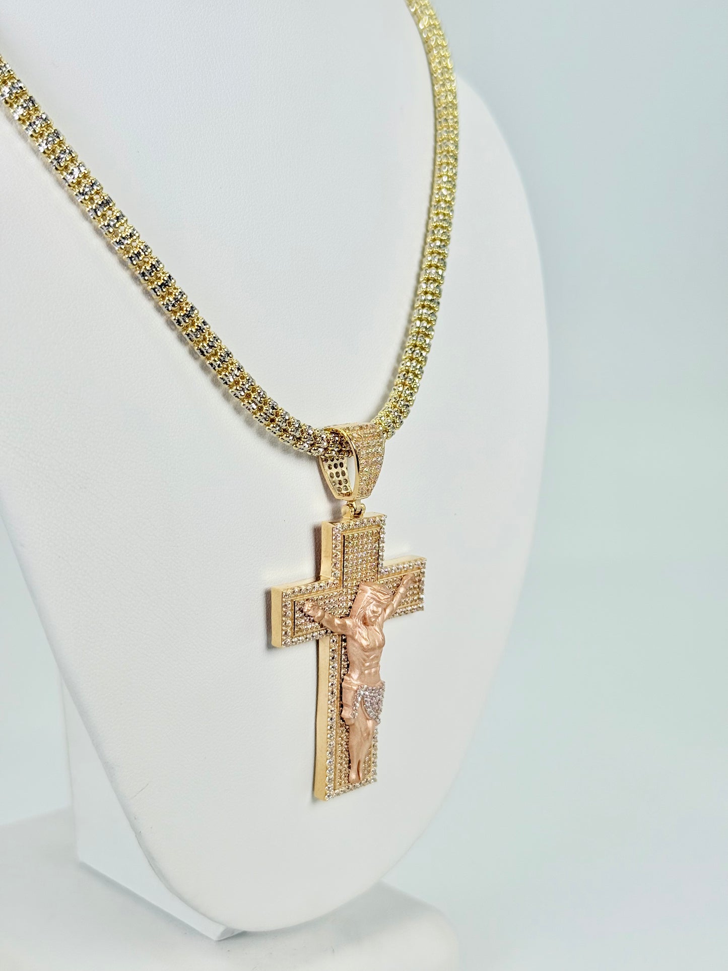 14K Jesus Christ Cross Pendant Two Tones (Yellow And Rose Gold) With Ice Chain Yellow Gol
