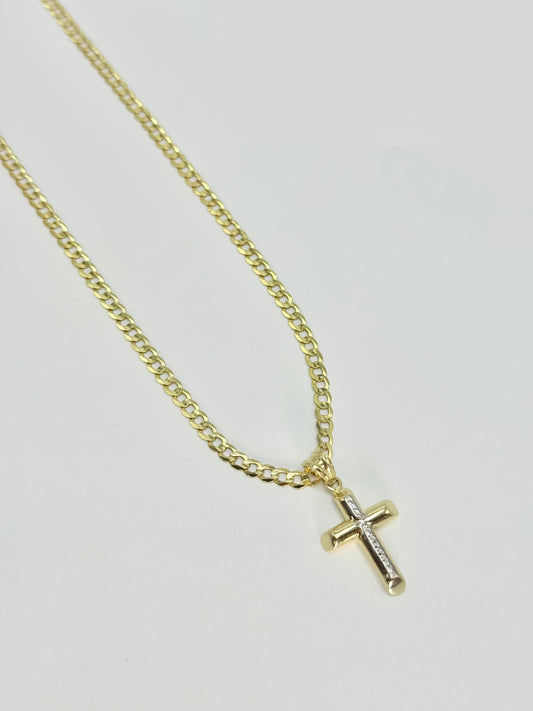 14K Cross Pendant Two Tones With Cuban Chain Yellow Gold