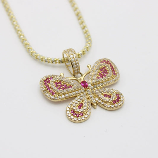 14K Butterfly Pendant Cz Stones With Ice Chain Yellow Gold