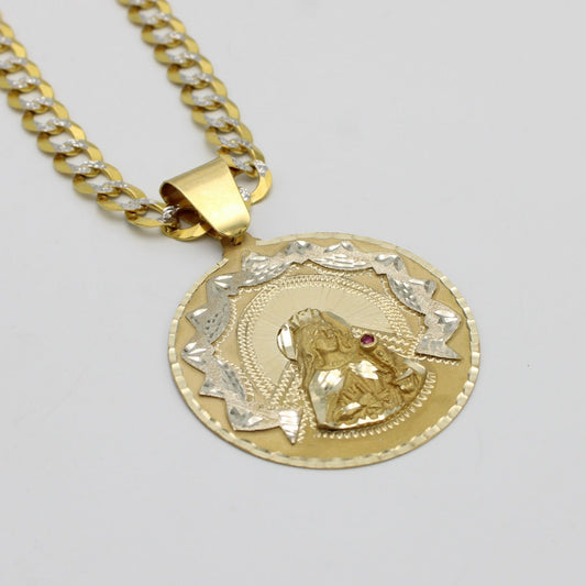 14K Round Santa Barbara Pendant With Solid Flat Cuban Chain Two Tones Yellow Gold