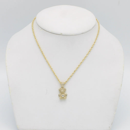14K Teddy Bear Pendant Cz Stones With Rope Chain Yellow Gold