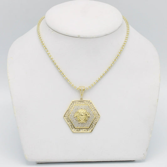 14K Medusa Pendant Cz Stones With Ice Chain Yellow Gold