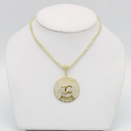 14K Fancy Pendant Cz Stones With Ice Chain Yellow Gold