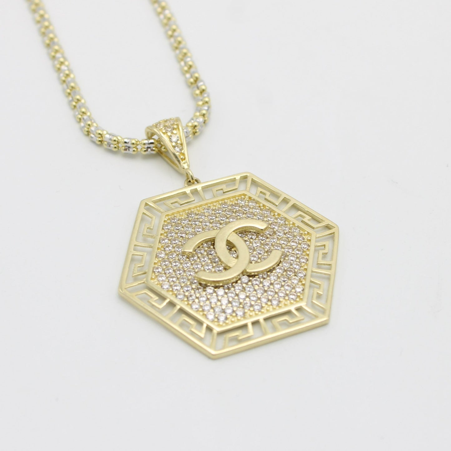 14K Fancy Pendant Cz Stones With Ice Chain Yellow Gold