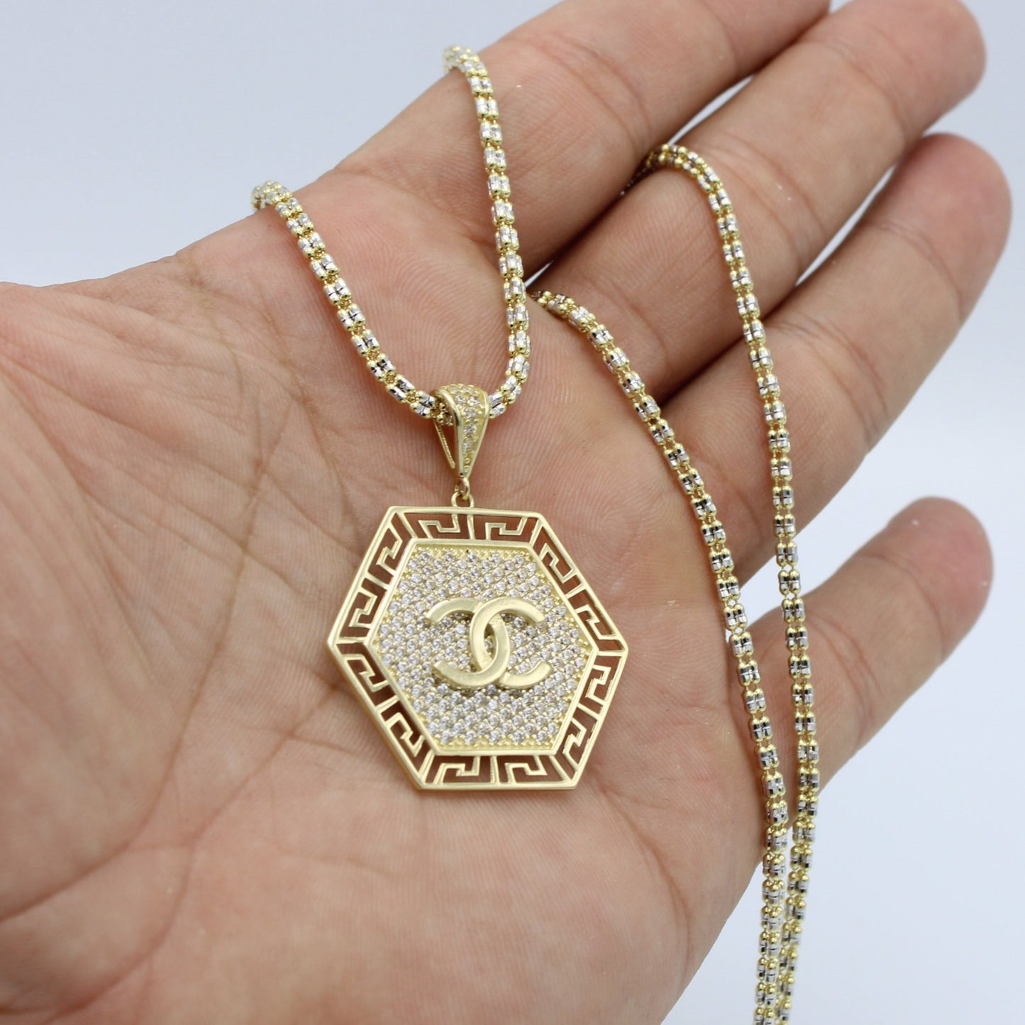 14K Fancy Pendant Cz Stones With Ice Chain Yellow Gold