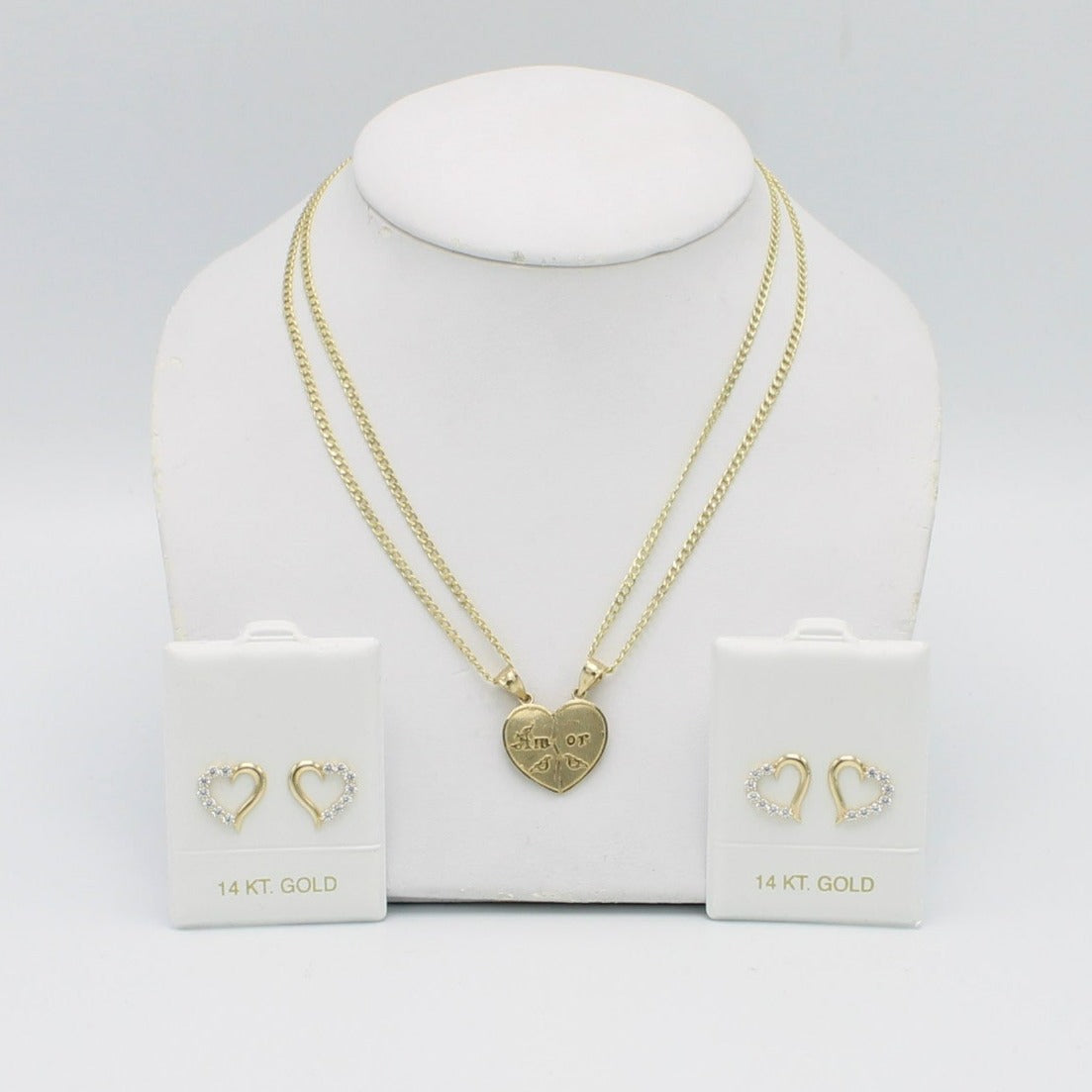 14K Set 2 Half - Half Heart Pendant with Cuban Chains with Heart Earrings Yellow Gold