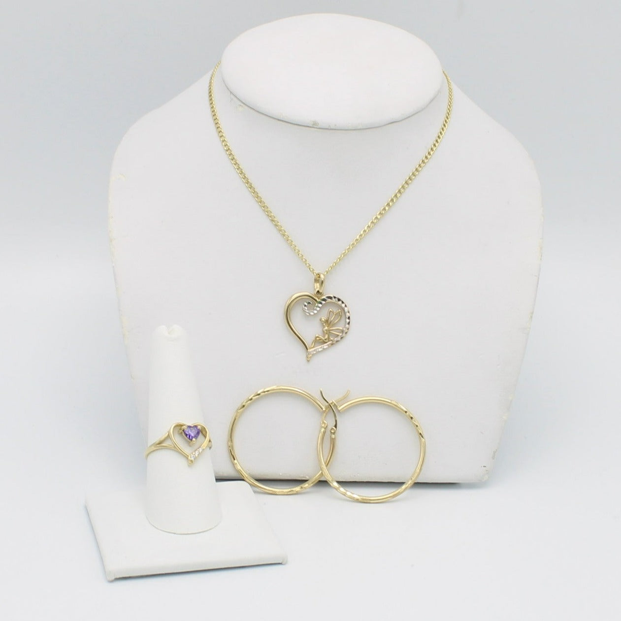 14K Set Heart Ring / Pendant Cz Stones with Cuban Chain and Hoops Yellow Gold