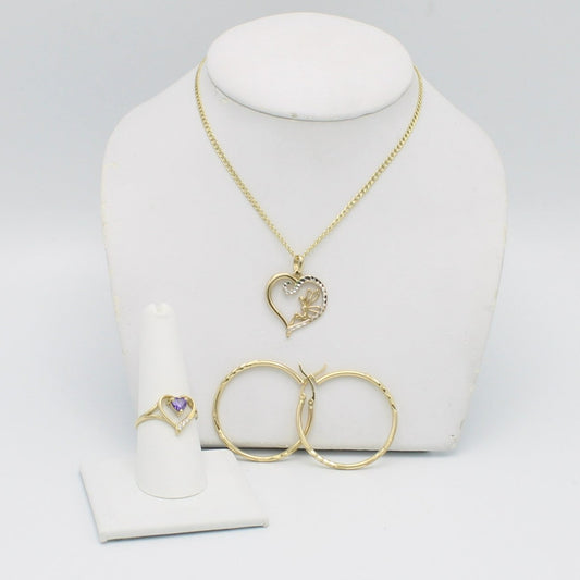 14K Set Heart Ring / Pendant Cz Stones with Cuban Chain and Hoops Yellow Gold