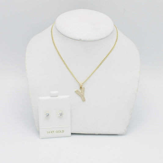 14K Cz Earrings - 14K Initials Pendant Cz Stones With Cuban Chain Yellow Gold