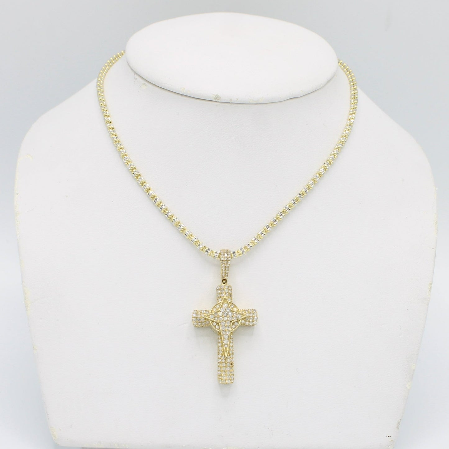 14K VS Diamond Cross Pendant With Ice Chain Yellow Gold